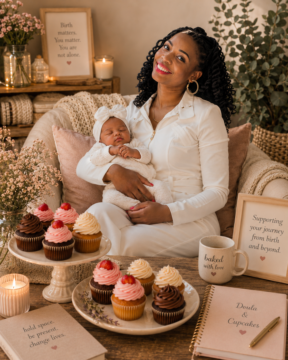 Mother cradling her newborn beside a table of strawberry, chocolate, and vanilla cupcakes with doula keepsakes